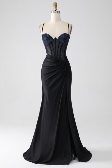 Black Mermaid Spaghetti Straps Long Corset Ball Dress With Beading